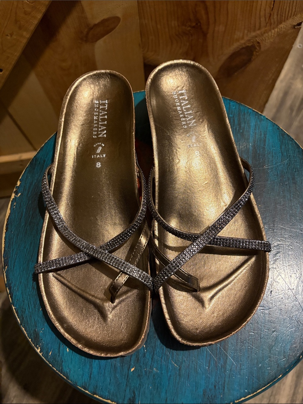 Italian Shoemakers Bronze Metallic Slide Sandals with Dark Glitter Straps